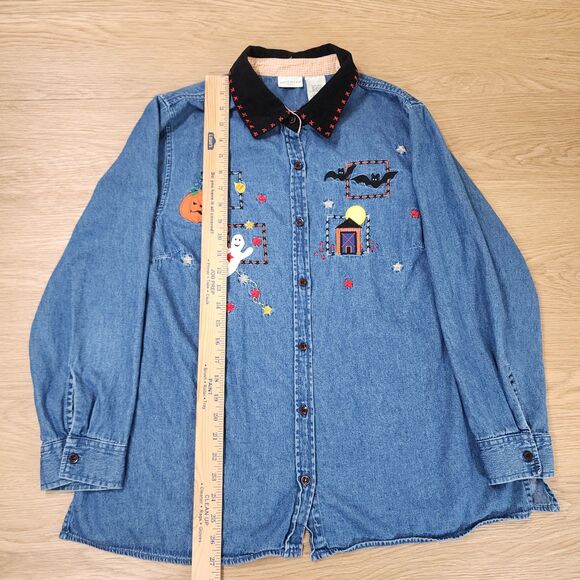 White Stag Denim Shirt Embroidered Fall Pumpkin Corduroy Collar 16W Plus Jean - Picture 6 of 11